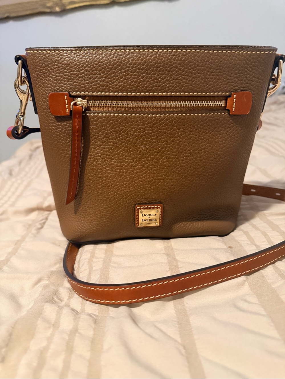 Dooney & Bourke Pebbled Leather Crossbody in Brown with Tan Trim